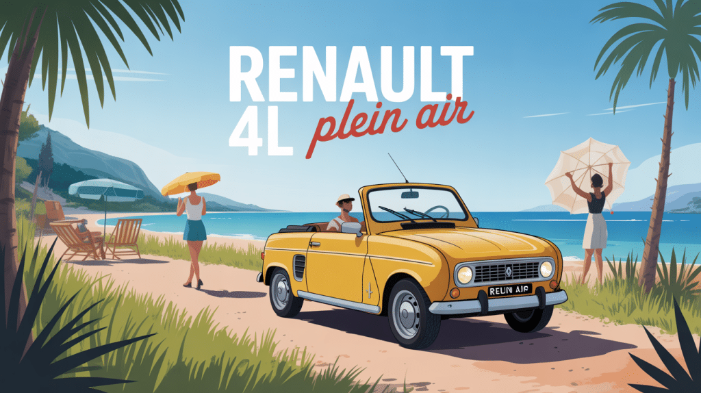 Renault 4L Plein Air décapotée sur route plage été