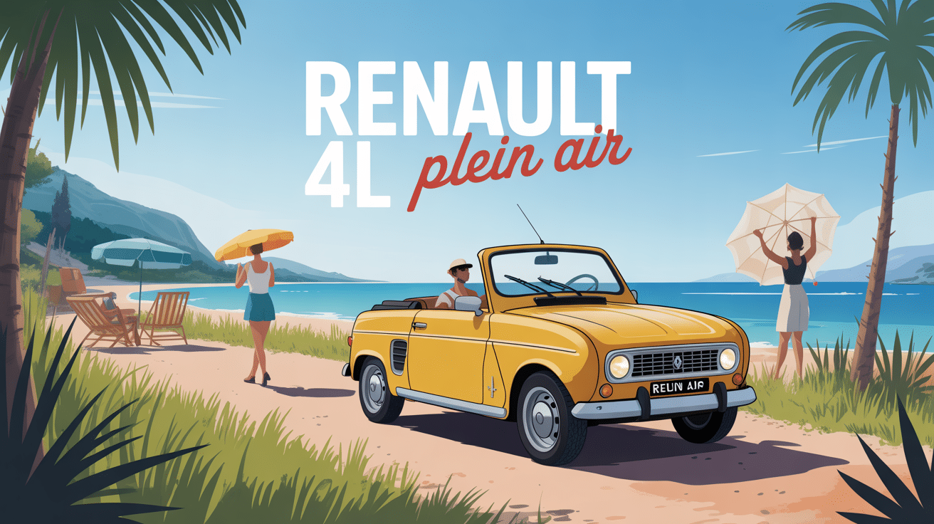 Renault 4L Plein Air décapotée sur route plage été