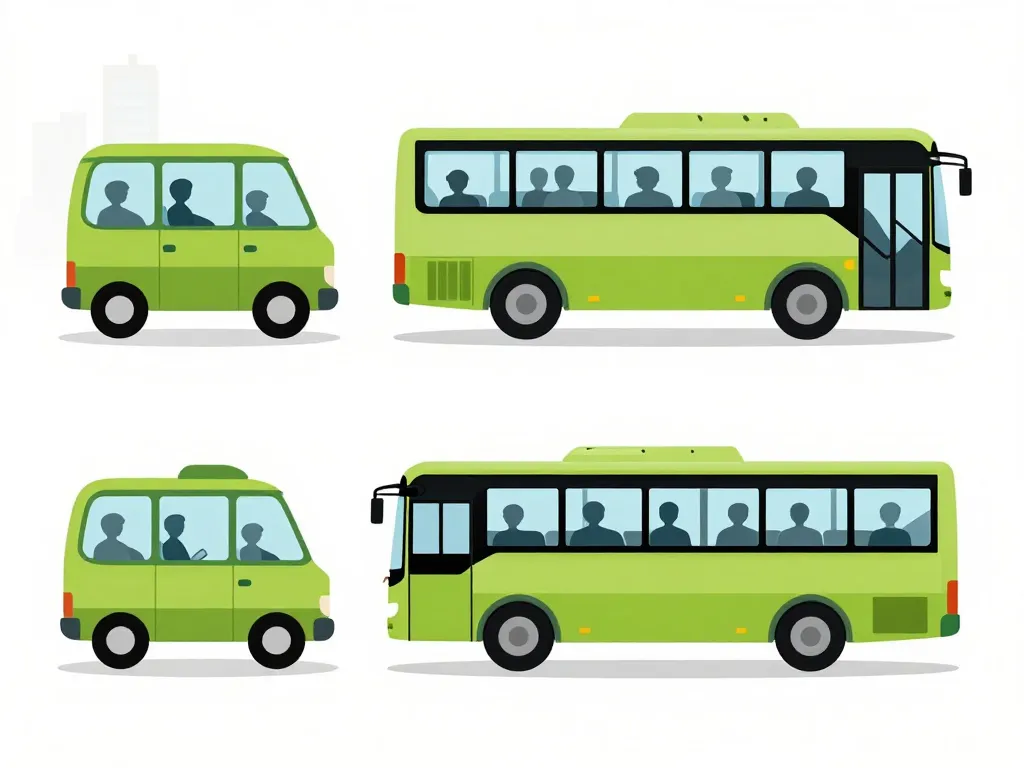 nombre de place dans un bus, minibus, bus urbain et autocar alignés