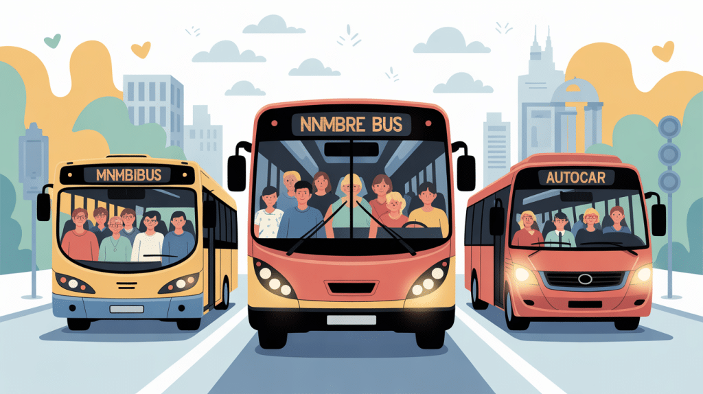 nombre de place dans un bus, visuel avec minibus, autocar et bus urbain