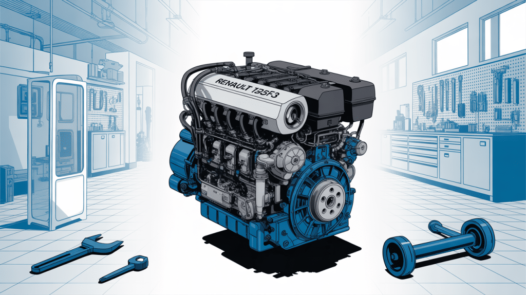 Vue conceptuelle du moteur Renault 1525F3 en atelier moderne