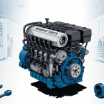 Vue conceptuelle du moteur Renault 1525F3 en atelier moderne