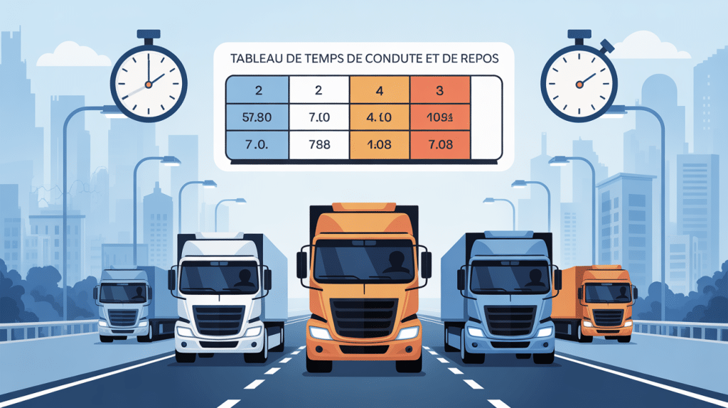 tableau : temps de conduite et de repos illustration camions chronometres