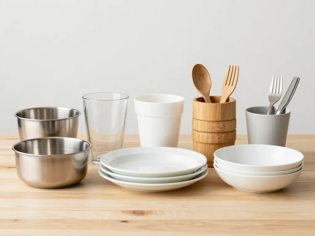 Différents matériaux vaisselle réutilisable sur une table