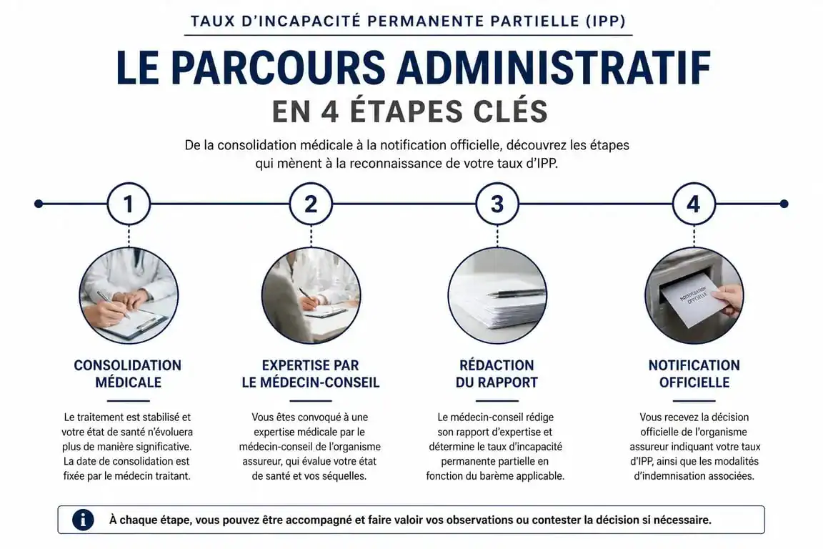 Infographie du parcours administratif et délais pour recevoir son taux d'incapacité permanente partielle IPP