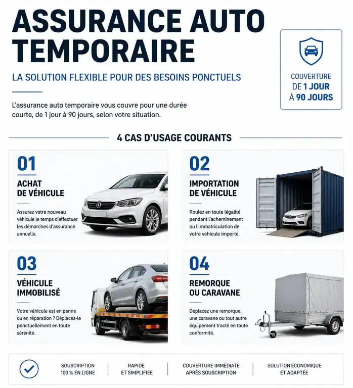 Infographie des cas d'usage et durées recommandées pour l'assurance auto temporaire Assuroad