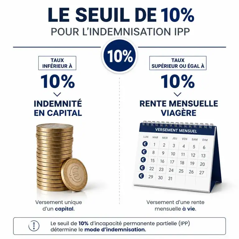 Infographie explicative du seuil de 10% pour le calcul de la rente IPP et de l'indemnité en capital