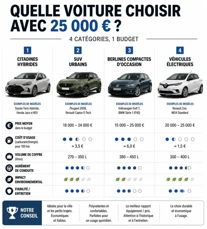 Infographie comparative des meilleures options de voitures pour un budget de 25000 euros
