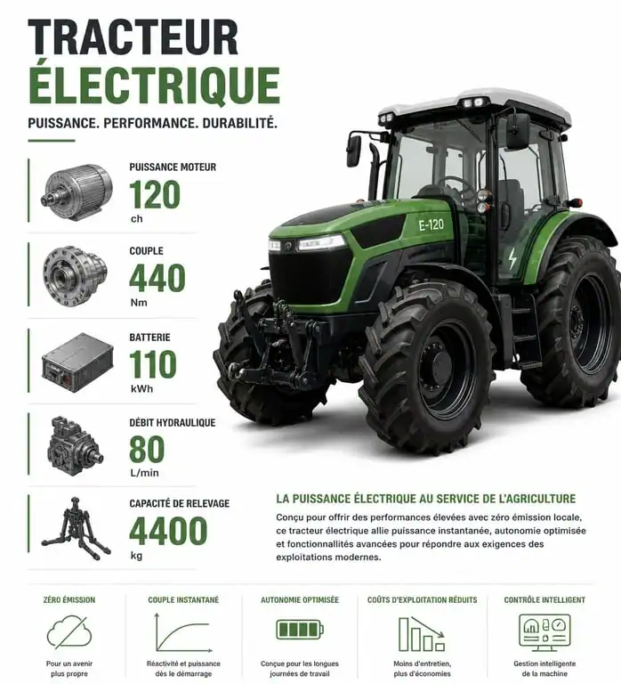 Infographie des spécifications techniques d'un tracteur électrique moderne
