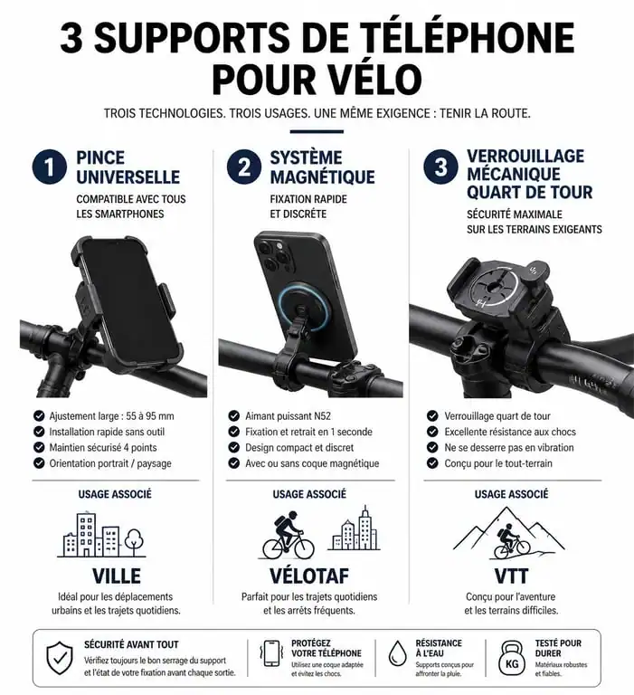 Comparatif des types de supports de téléphone pour vélo : pince, magnétique et verrouillage mécanique pour choisir le meilleur porte tel velo.