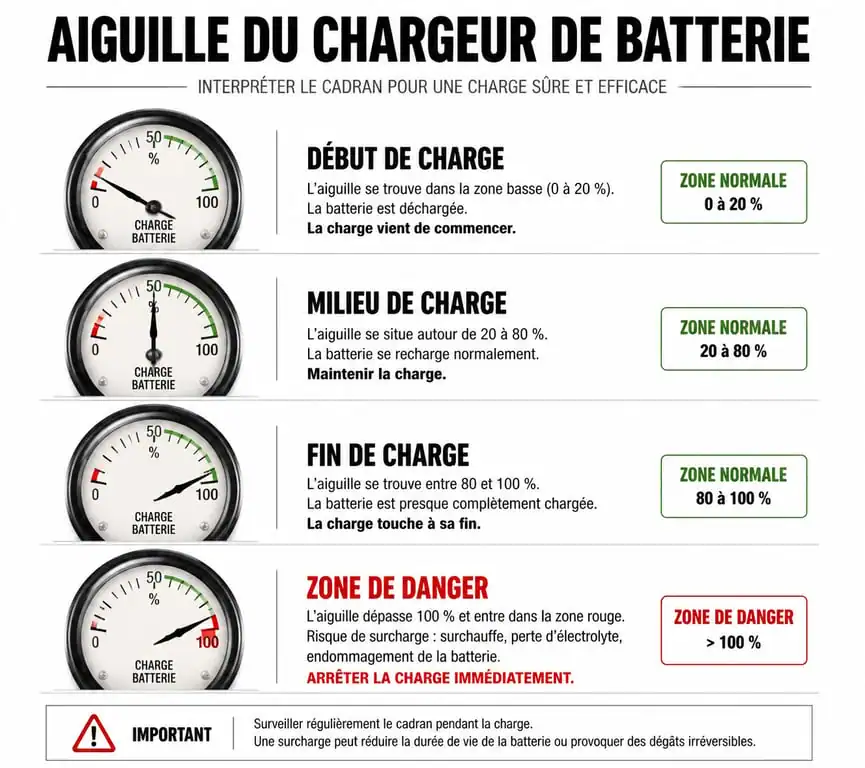 Schéma explicatif de lecture d'un cadran de chargeur de batterie analogique
