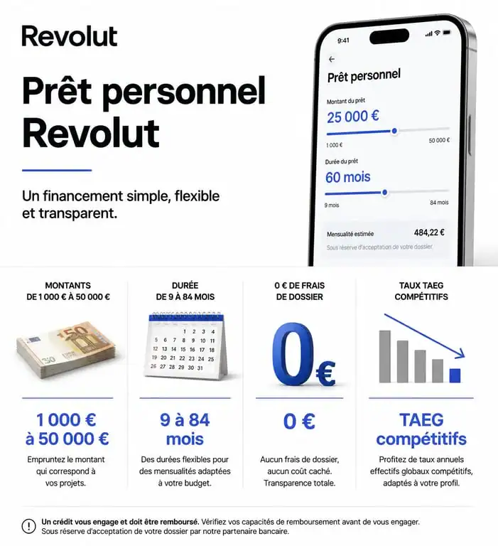Infographie récapitulative des conditions pour la simulation prêt Revolut