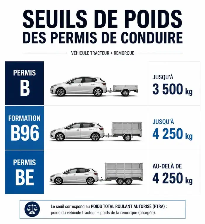 Infographie des seuils de poids pour le permis VL et ses extensions B96 et BE