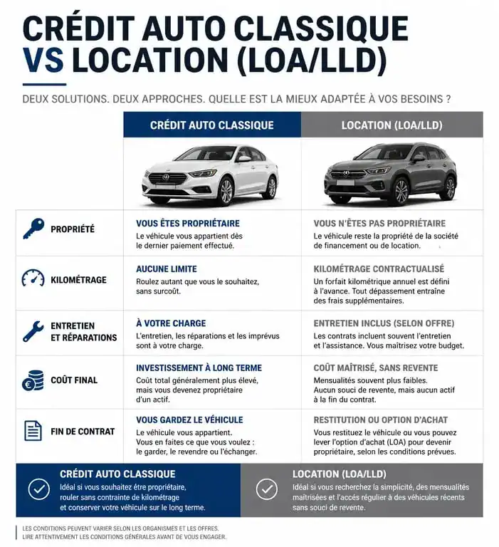 Infographie comparative : Crédit auto classique vs LOA/LLD pour financer son véhicule