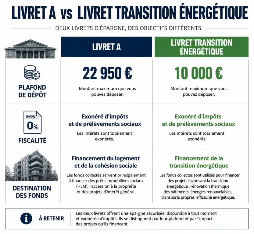 Comparatif entre le Livret A et le livret transition énergétique pour comprendre les différences de rendement et d'impact environnemental.