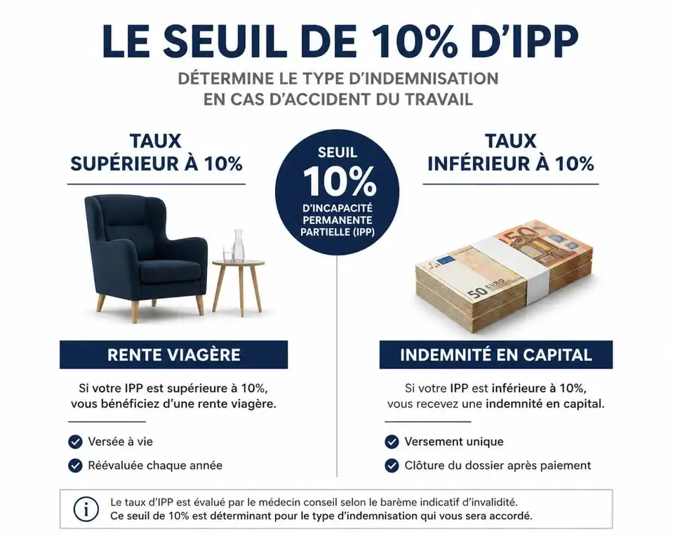 Infographie sur le seuil de 10% d'IPP pour la rente accident du travail et la suppression de la rente