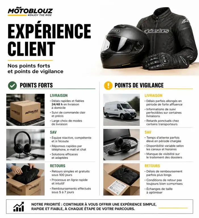 Infographie récapitulative des avis clients sur Motoblouz : livraison, SAV et retours