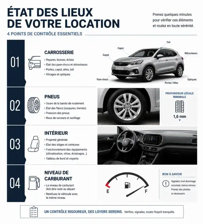 Infographie des points de contrôle pour l'état des lieux d'un contrat de location de voiture