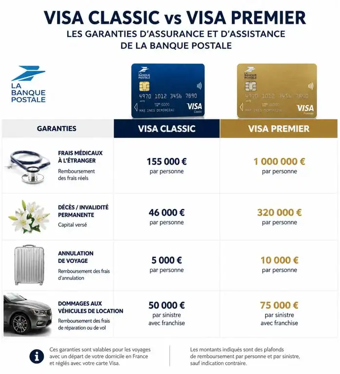 Tableau comparatif des garanties d'assurance et d'assistance des cartes Visa La Banque Postale