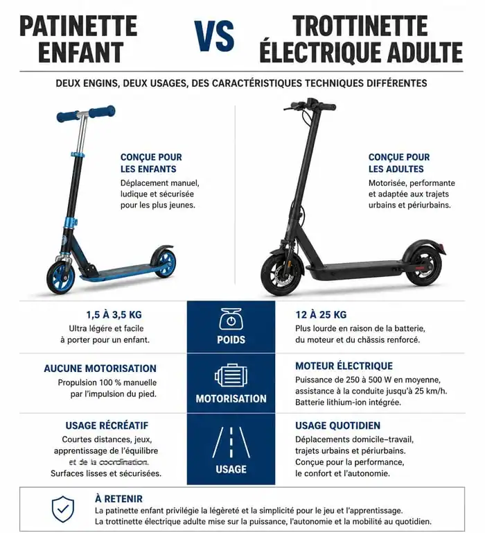 Infographie comparative : différences entre patinette et trottinette électrique pour choisir son modèle.