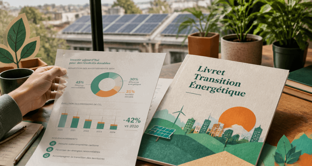 livret transition énergétique sur bureau avec graphiques et panneaux solaires