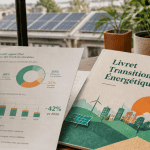 livret transition énergétique sur bureau avec graphiques et panneaux solaires