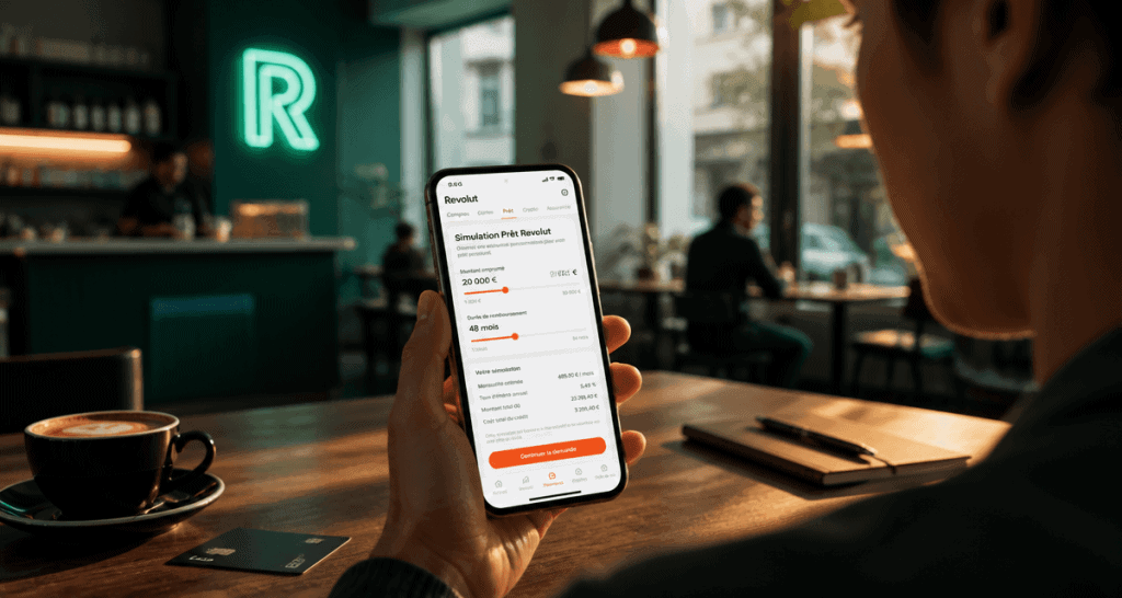 simulation prêt revolut sur smartphone dans un café
