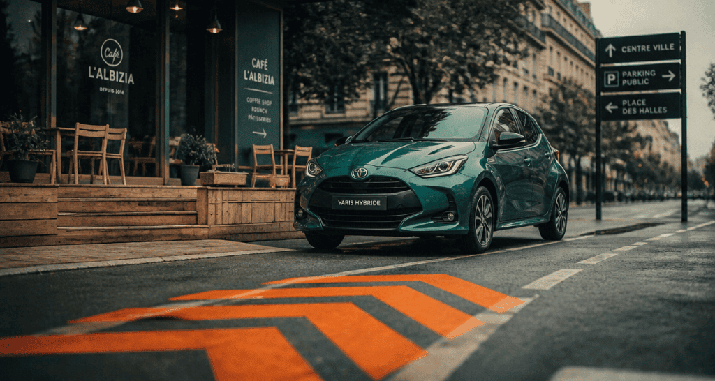 toyota yaris hybride avis garée avenue urbaine