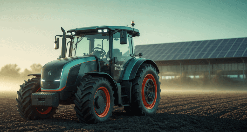 tracteur electrique dans un champ au matin