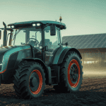 tracteur electrique dans un champ au matin