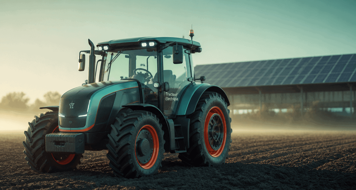 tracteur electrique dans un champ au matin