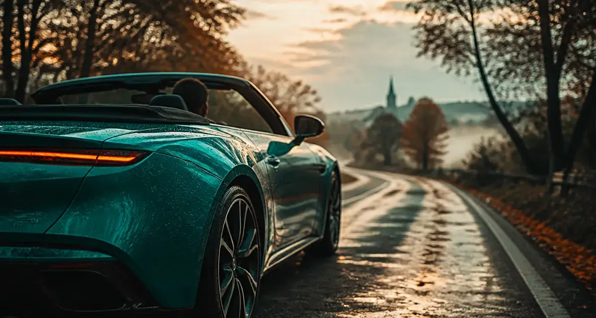 Cabriolet electrique à capote ouverte sur route de campagne