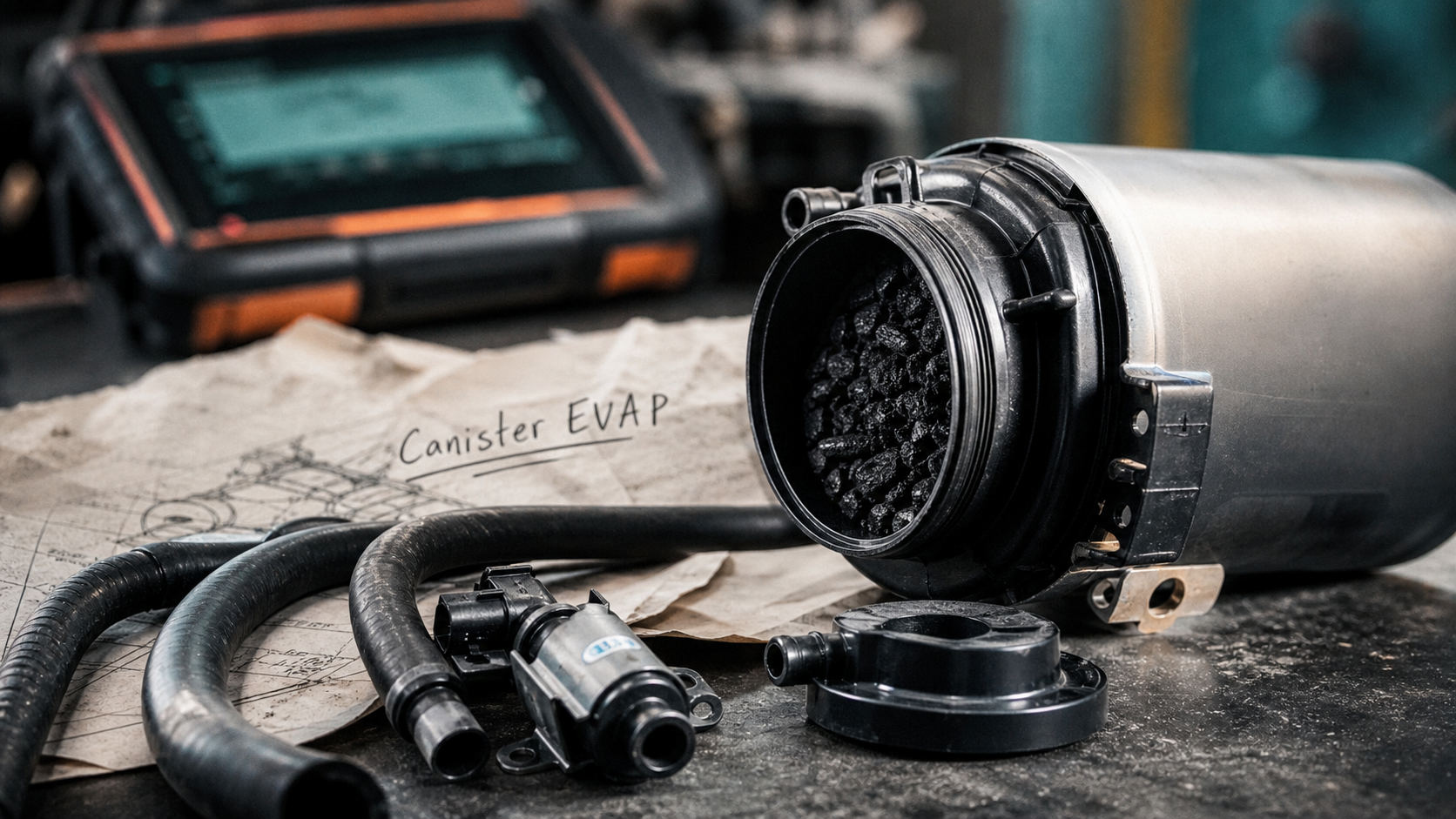 Canister voiture EVAP ouvert, charbon actif et durites, pour diagnostiquer l’usure