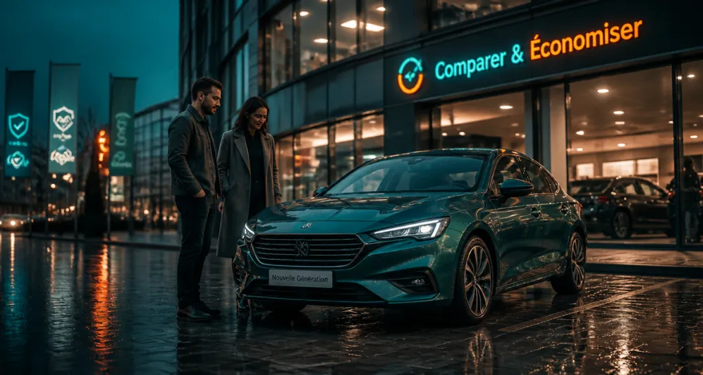 Caroom avis couple examine berline neuve devant showroom