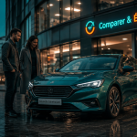 Caroom avis couple examine berline neuve devant showroom