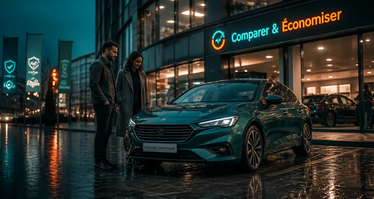 Caroom avis couple examine berline neuve devant showroom