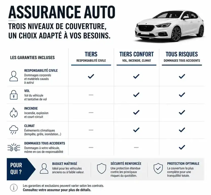 Comparatif des formules d'assurance auto BestAssurance : Tiers, Tiers Confort et Tous Risques