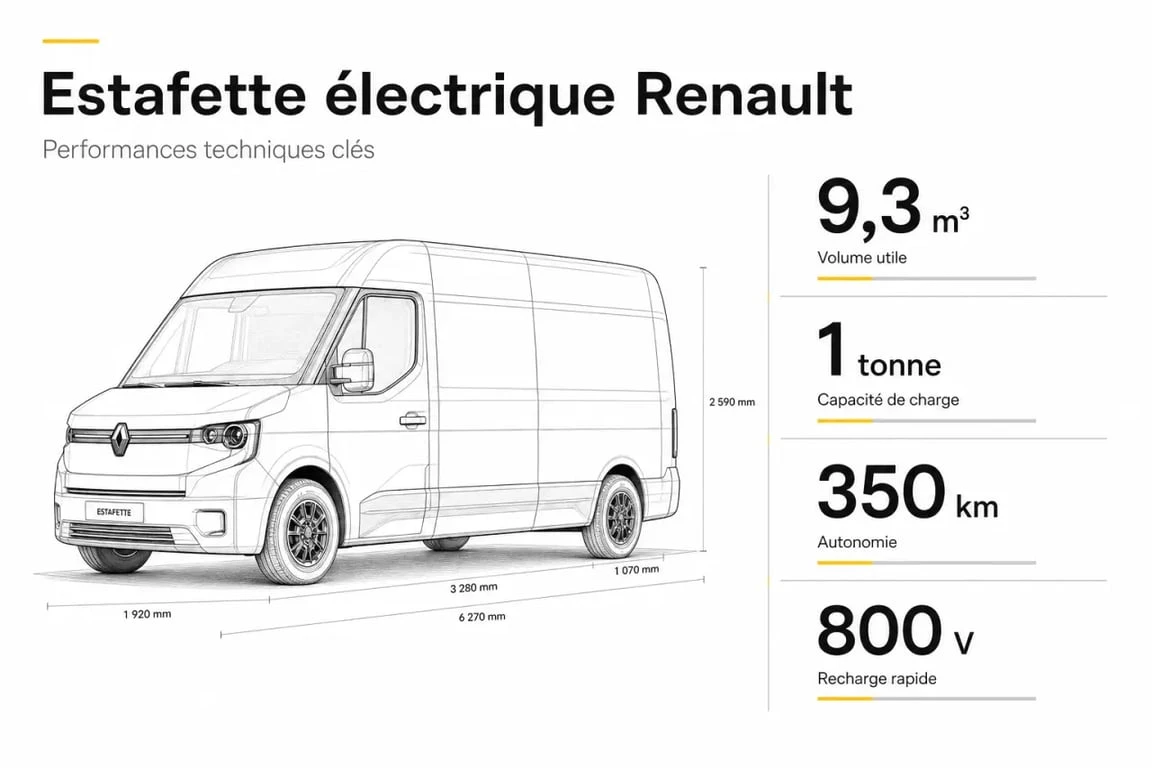 Infographie des caractéristiques techniques de l'Estafette électrique Renault : autonomie, volume et capacité de chargement