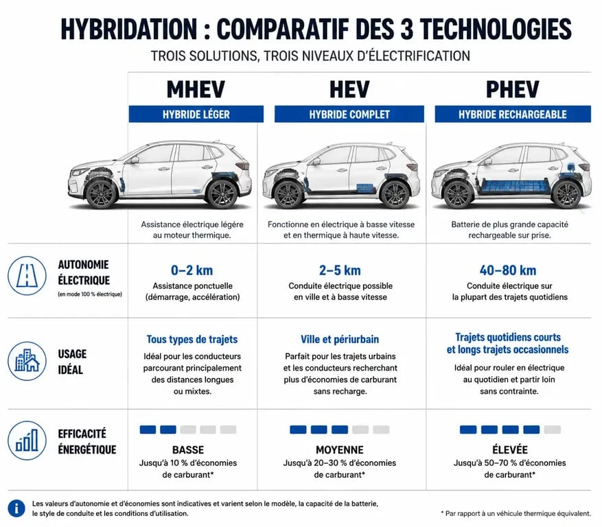 Comparatif des technologies de voiture hybride : MHEV, HEV et PHEV pour aider à choisir selon son usage