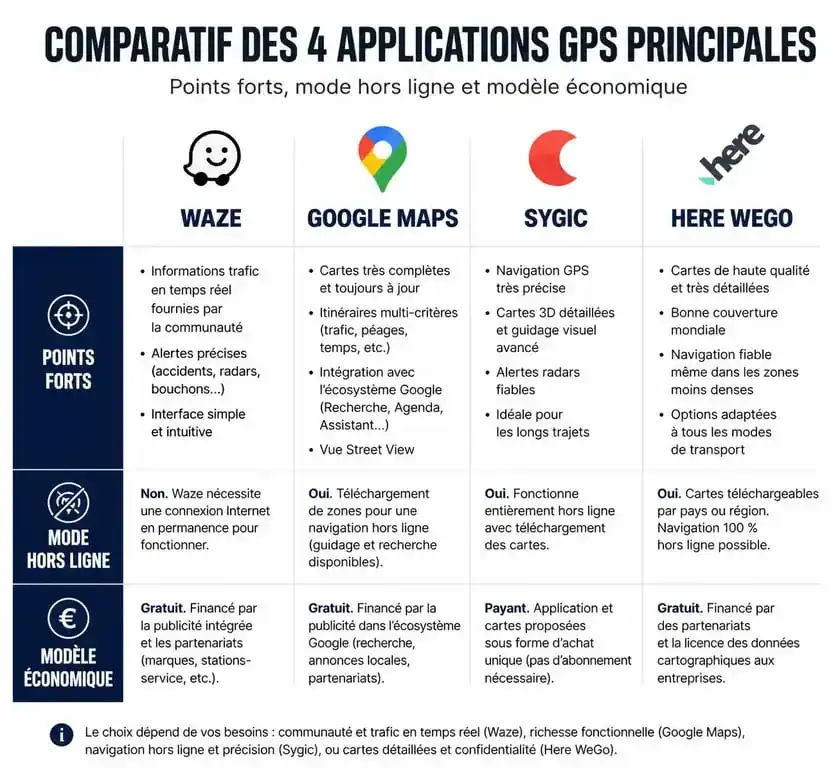 Comparatif des meilleures applications GPS : Waze, Google Maps, Sygic et Here WeGo pour choisir la solution de navigation idéale.