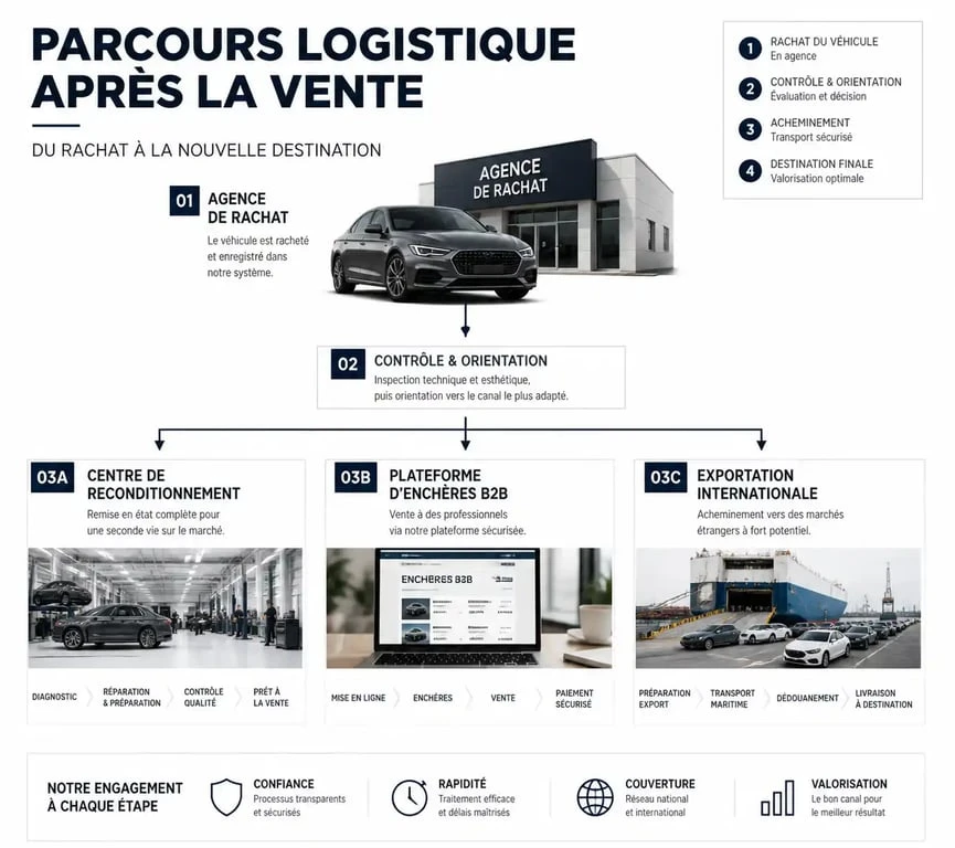 Schéma du parcours logistique d'une voiture après sa vente sur vendezvotrevoiture.fr