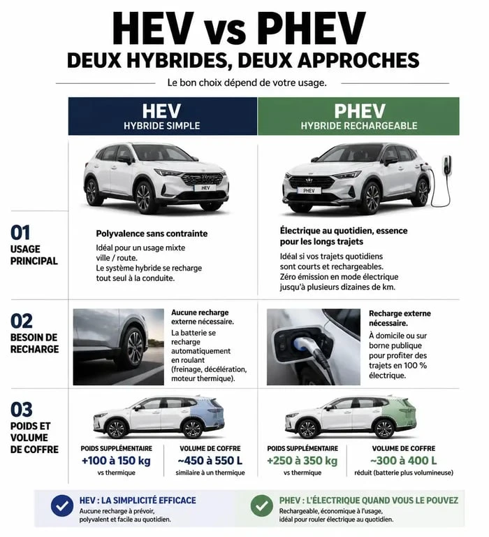 Comparatif des technologies hybride simple HEV et hybride rechargeable PHEV pour un véhicule hybride 7 places