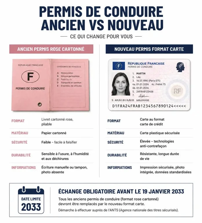 Infographie comparative entre l'ancien permis de conduire rose et le nouveau permis format carte de crédit
