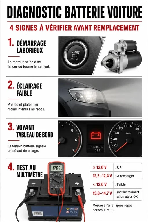 Infographie des signes de fatigue d'une batterie de voiture et étapes de diagnostic