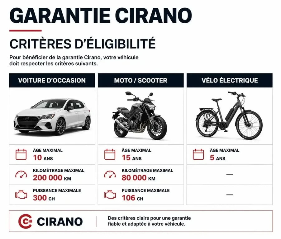 Tableau récapitulatif des critères d'éligibilité pour la garantie Cirano : âge, kilométrage et puissance par type de véhicule.