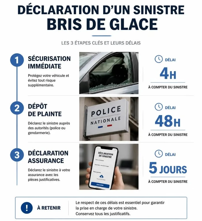 Infographie des délais et étapes pour une déclaration de vitrine cassée à l'assurance