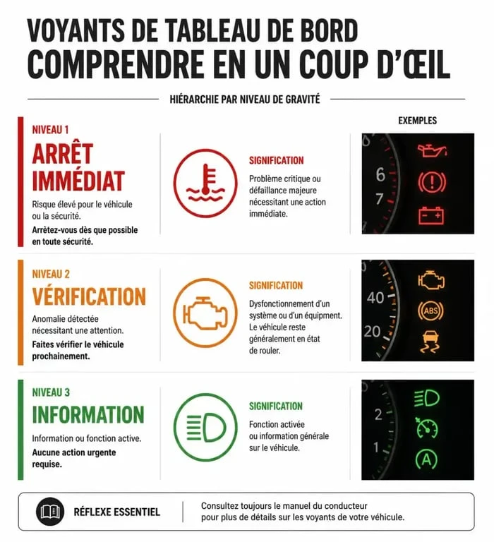 Infographie des voyants de tableau de bord : code couleur et signification pour la sécurité routière