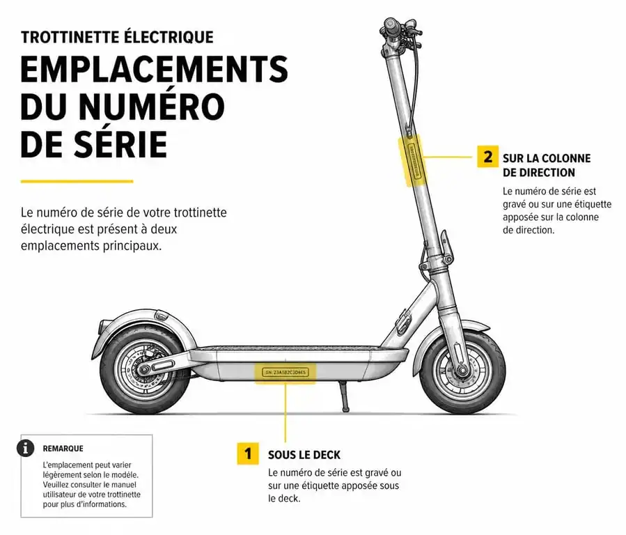 Schéma illustrant les emplacements du numéro de série sur une trottinette électrique pour faciliter son identification.