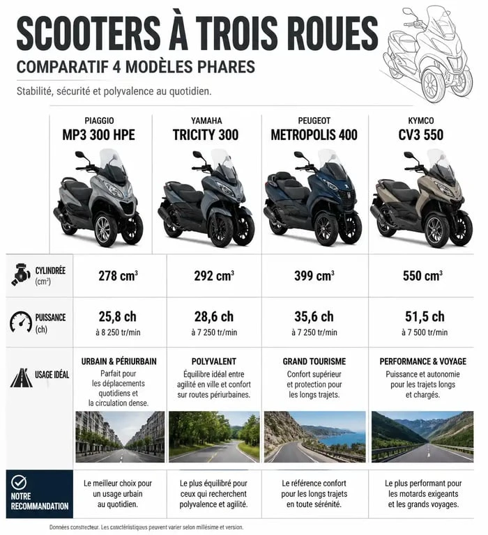 Comparatif des meilleurs scooters 3 roues : Piaggio, Yamaha, Peugeot et Kymco