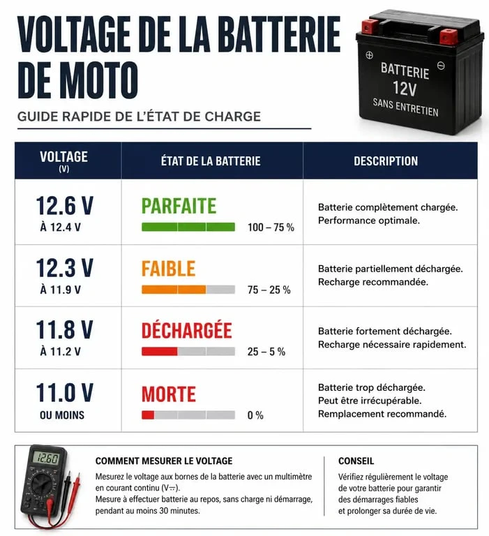 Tableau récapitulatif de la durée de vie batterie moto et des niveaux de tension pour le diagnostic